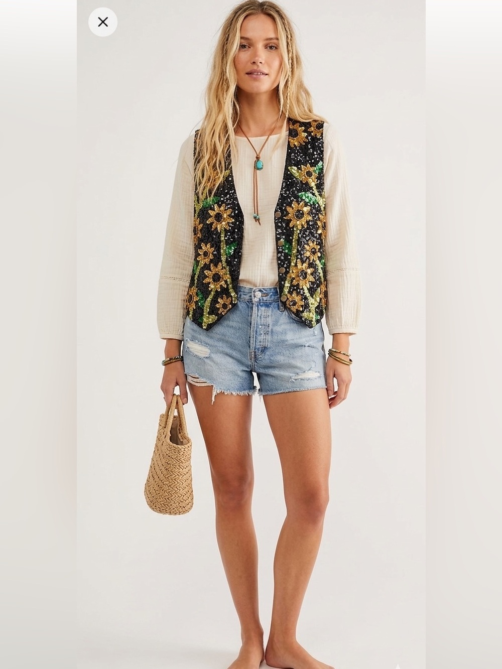 Vintage Sequined Sunflower Boho Hippie Vest 90s Floral Feminine Size Small